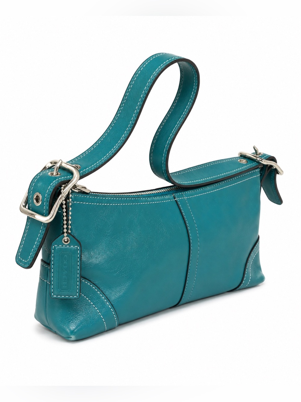 RARE Vintage Coach 8A64 Turquoise Leather Hampton Demi Baguette